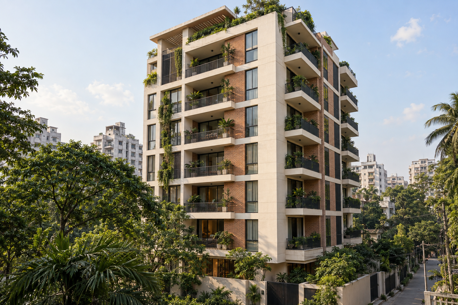 Illustrative contemporary apartment building with green balconies; not a listed property